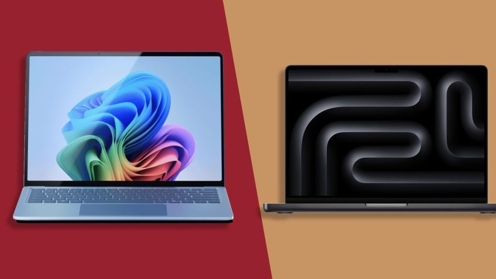 Microsoft Surface laptop 7 on the left side versus Apple MacBook Pro M4 14-inch on the right side, TechRadar vs background