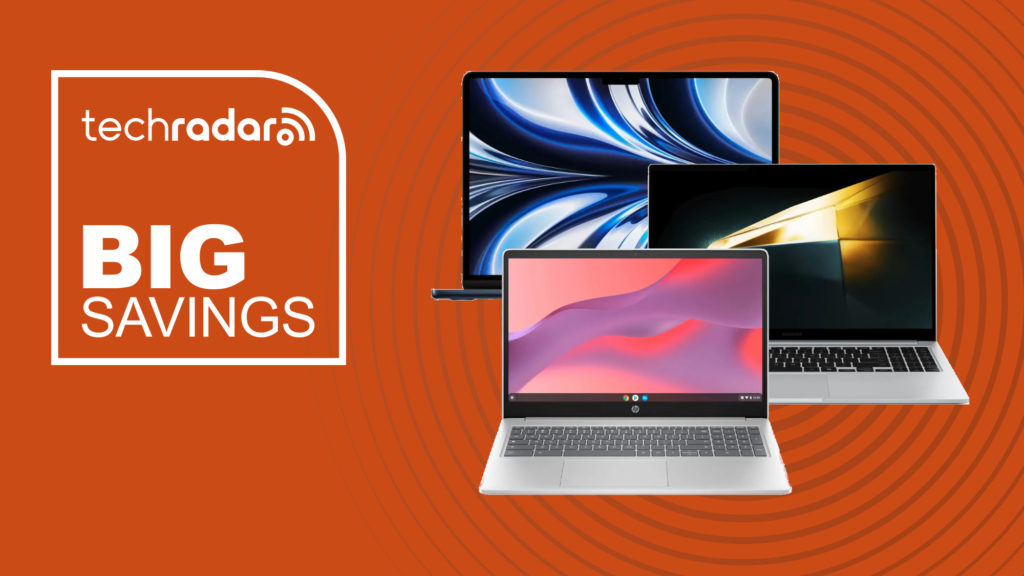 A MacBook, Galaxy Book and HP Chromebook on an orange background