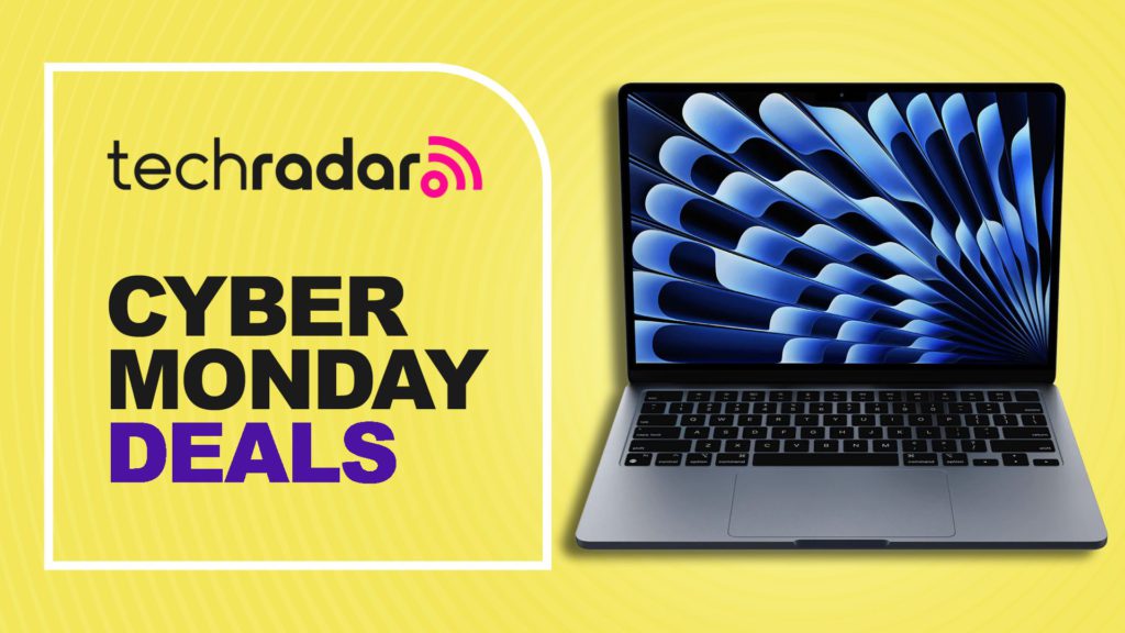 Save big on the latest MacBook Air when you buy at Amazon – 26% off for Cyber Monday 13-inch MacBook Air M4 against a yellow TechRadar deals background